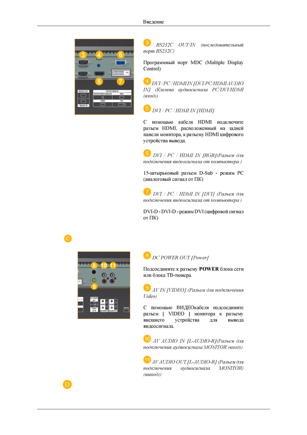 Samsung LH32MGTLBC/EN manual RS232C OUT/IN последовательный порт RS232C, DVI / PC / Hdmi in Hdmi, DC Power OUT Power 