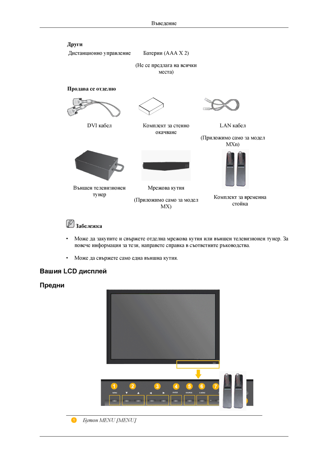 Samsung LH32MGTLBC/EN manual Вашия LCD дисплей Предни, Продава се отделно 