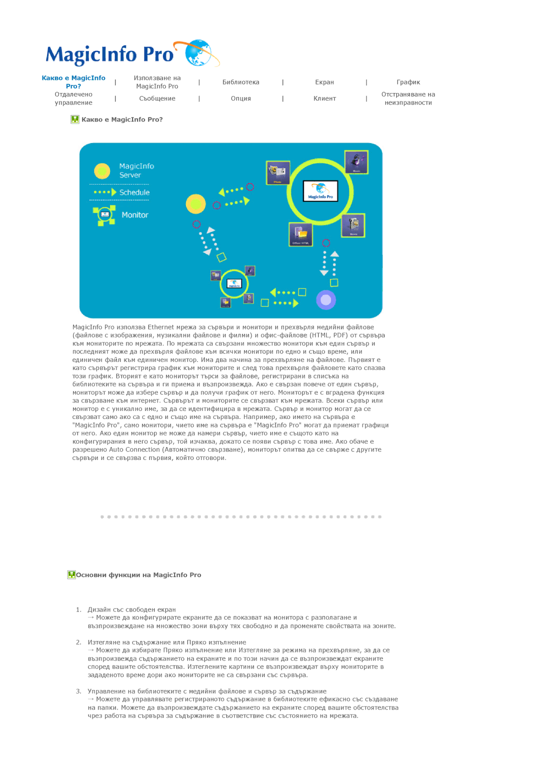 Samsung LH32MGTLBC/EN manual Какво е MagicInfo Pro?, Основни функции на MagicInfo Pro 