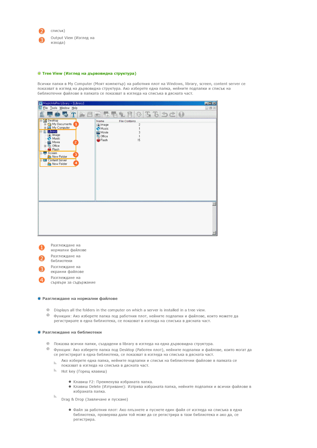 Samsung LH32MGTLBC/EN Tree View Изглед на дървовидна структура, Разглеждане на нормални файлове, Разглеждане на библиотеки 