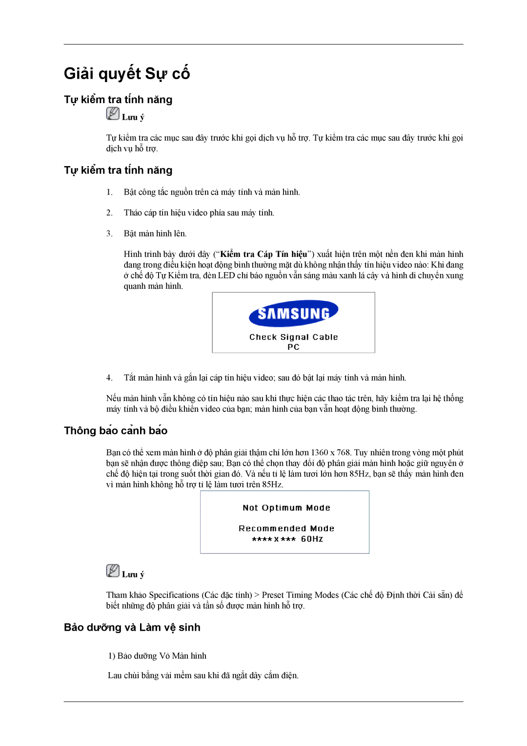 Samsung LH32MGTLBC/XV, LH32MGPLBC/XV manual Tự kiểm tra tính năng, Thông báo cảnh báo, Bảo dưỡng và Làm vệ sinh 