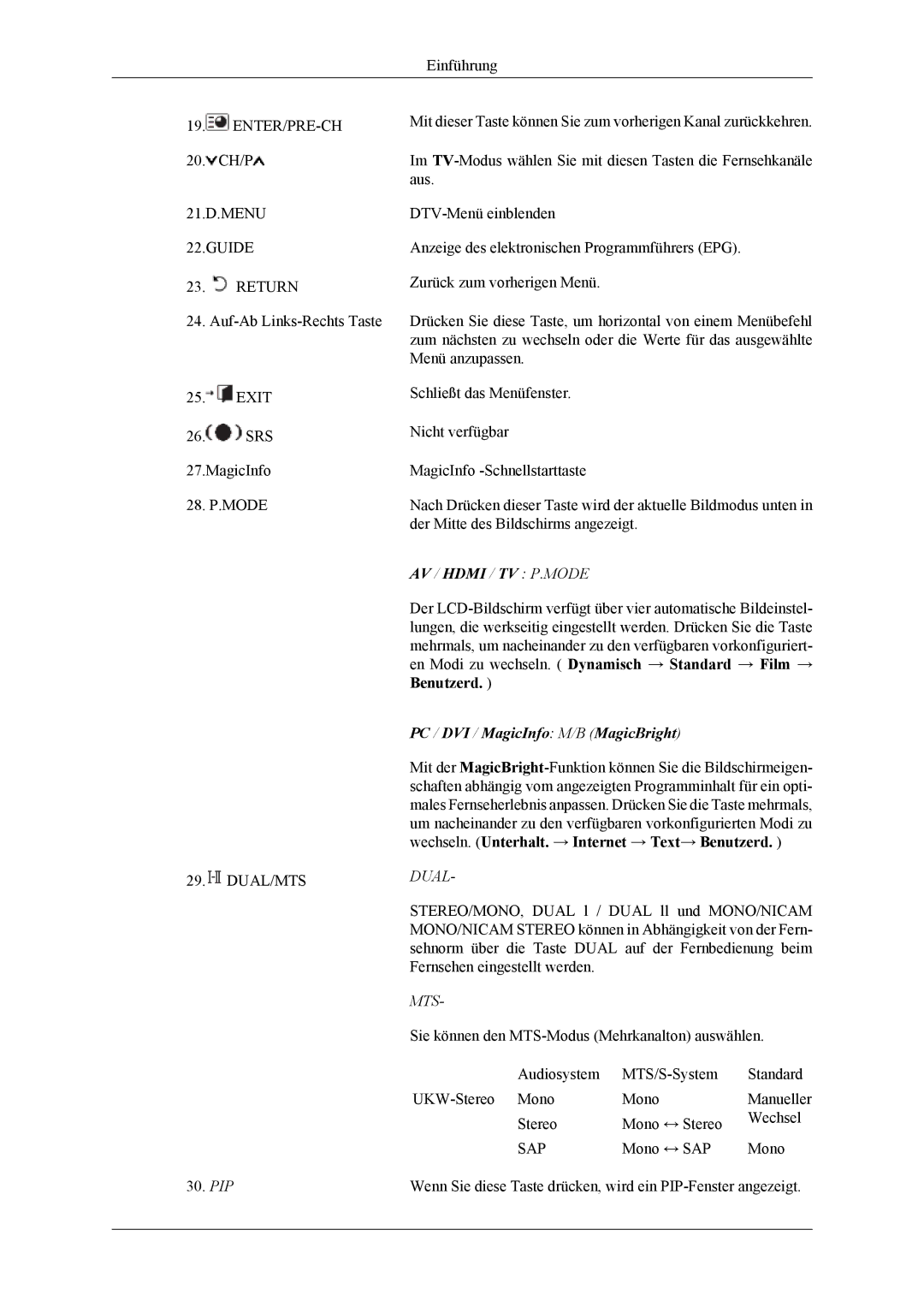 Samsung LH32MGTLBC/EN manual AV / Hdmi / TV P.MODE, Dual, Mts, Sie können den MTS-Modus Mehrkanalton auswählen, Sap 