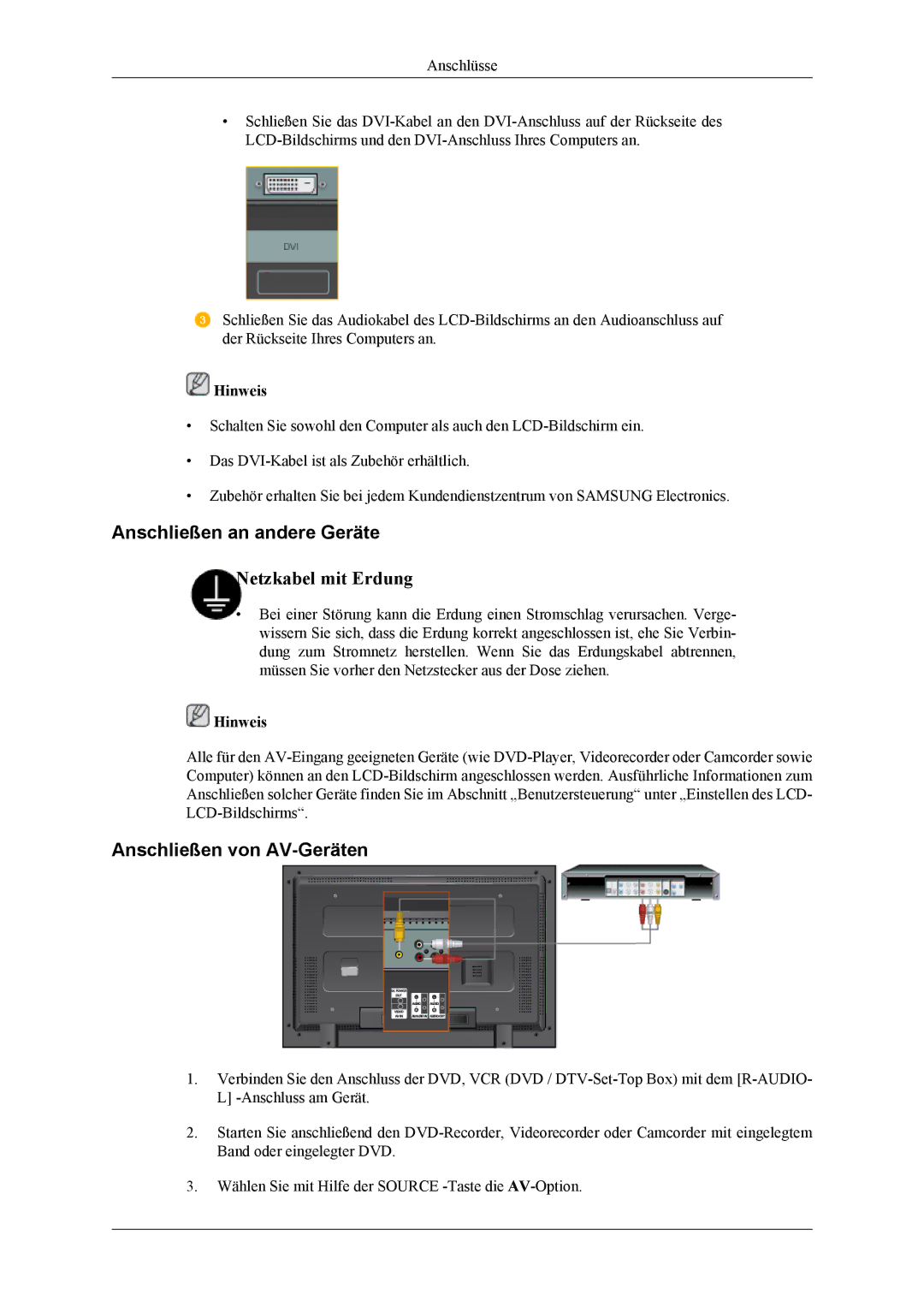 Samsung LH32MGTLBC/EN, LH32MGTPBC/XJ, LH32MGPLBC/EN manual Anschließen an andere Geräte, Anschließen von AV-Geräten 