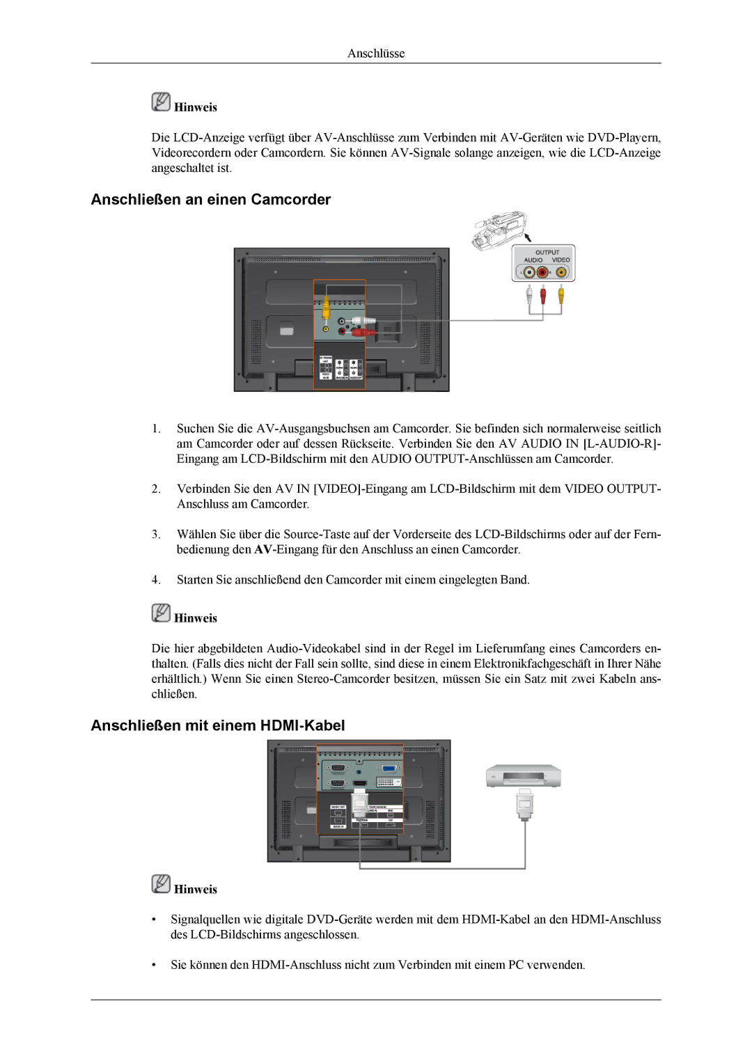 Samsung LH32MGPLBC/EN, LH32MGTPBC/XJ, LH32MGTLBC/EN manual Anschließen an einen Camcorder, Anschließen mit einem HDMI-Kabel 