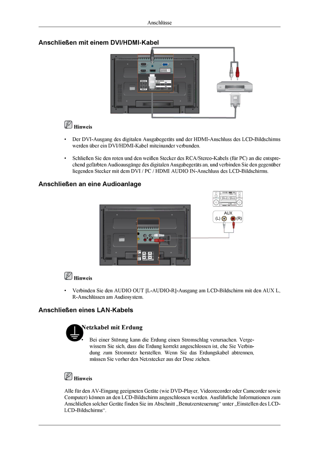 Samsung LH32MGTPBC/XJ Anschließen mit einem DVI/HDMI-Kabel, Anschließen an eine Audioanlage, Anschließen eines LAN-Kabels 