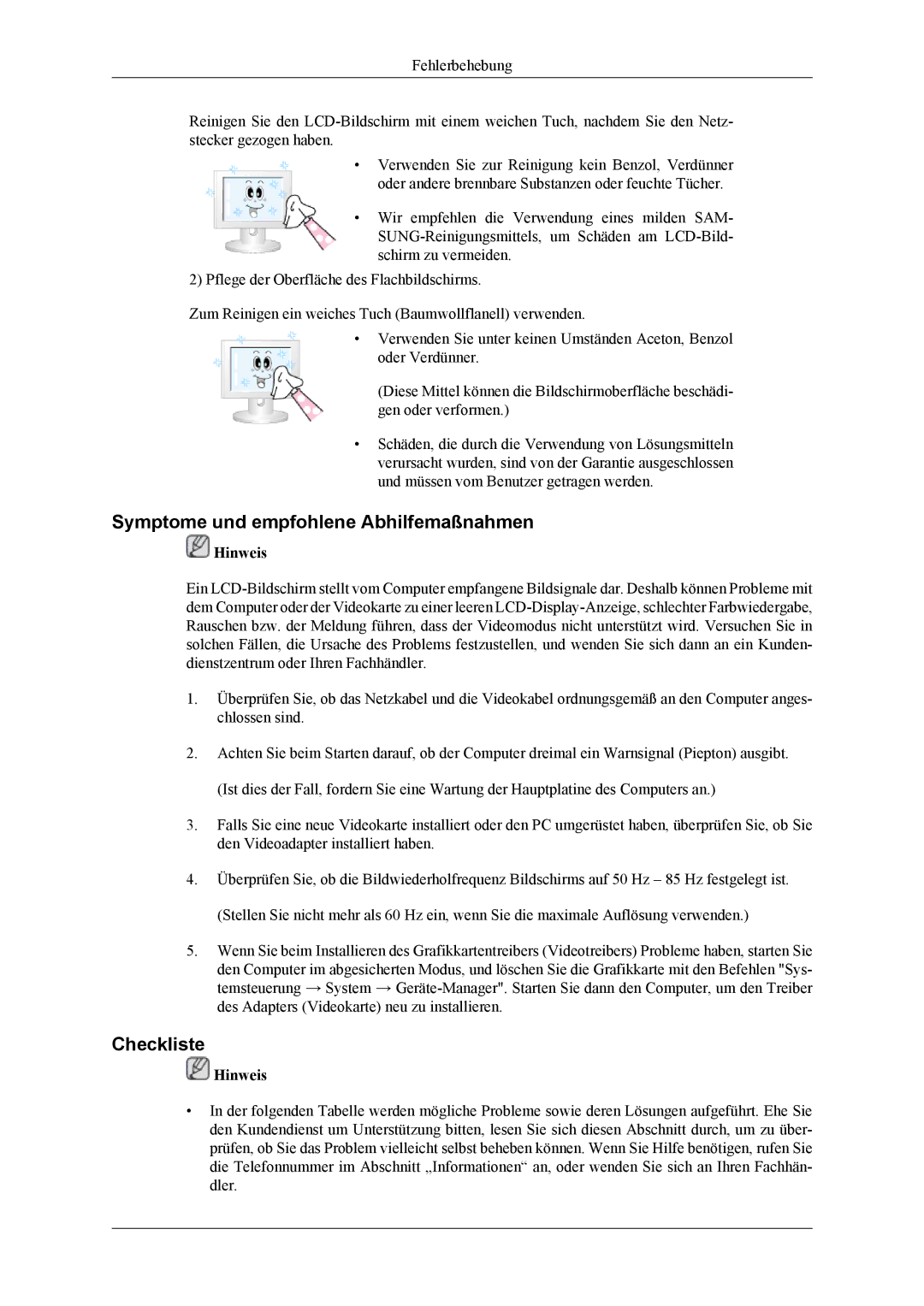 Samsung LH32MGTPBC/XJ, LH32MGTLBC/EN, LH32MGPLBC/EN manual Symptome und empfohlene Abhilfemaßnahmen, Checkliste 