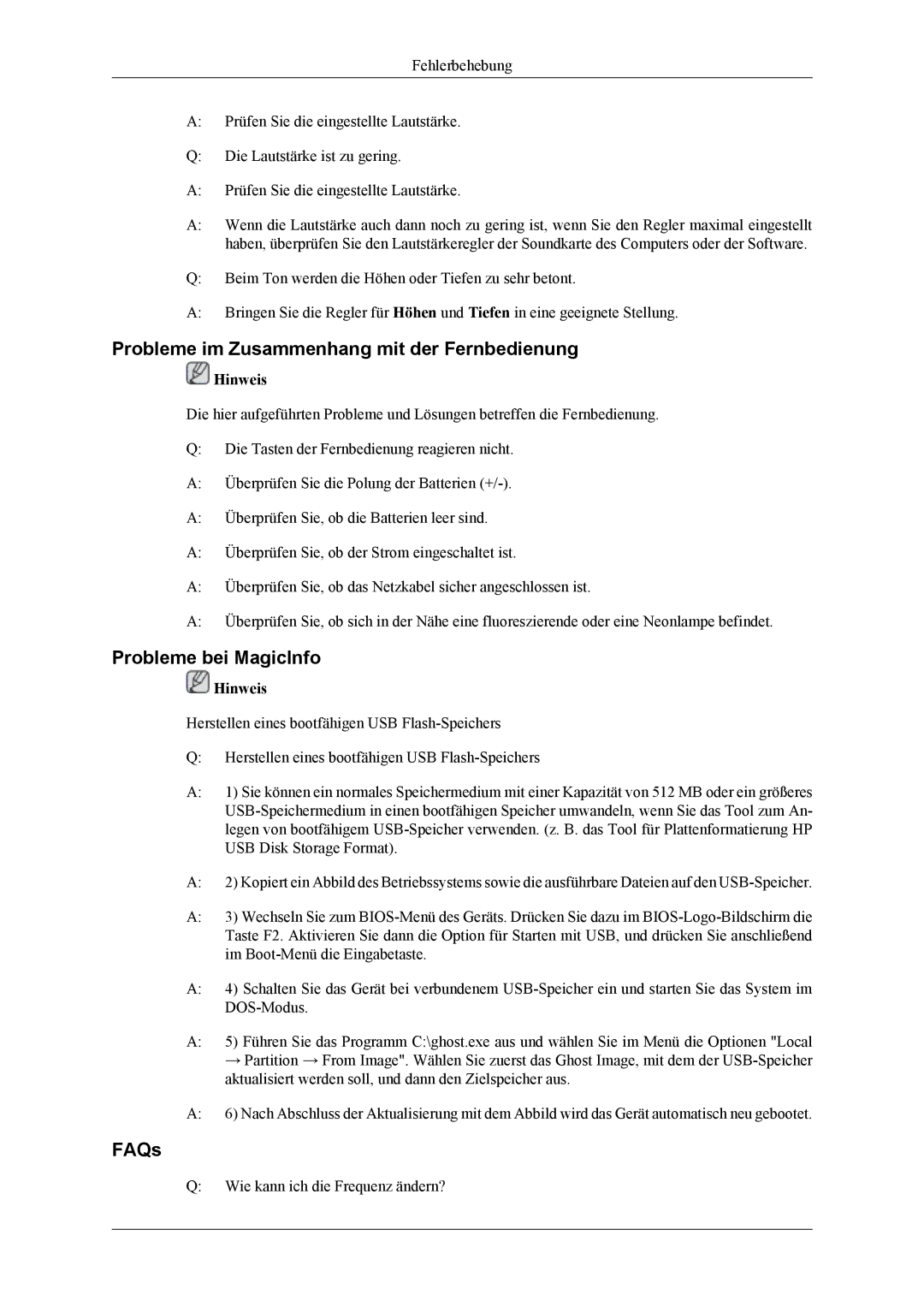 Samsung LH32MGTPBC/XJ, LH32MGTLBC/EN manual Probleme im Zusammenhang mit der Fernbedienung, Probleme bei MagicInfo, FAQs 