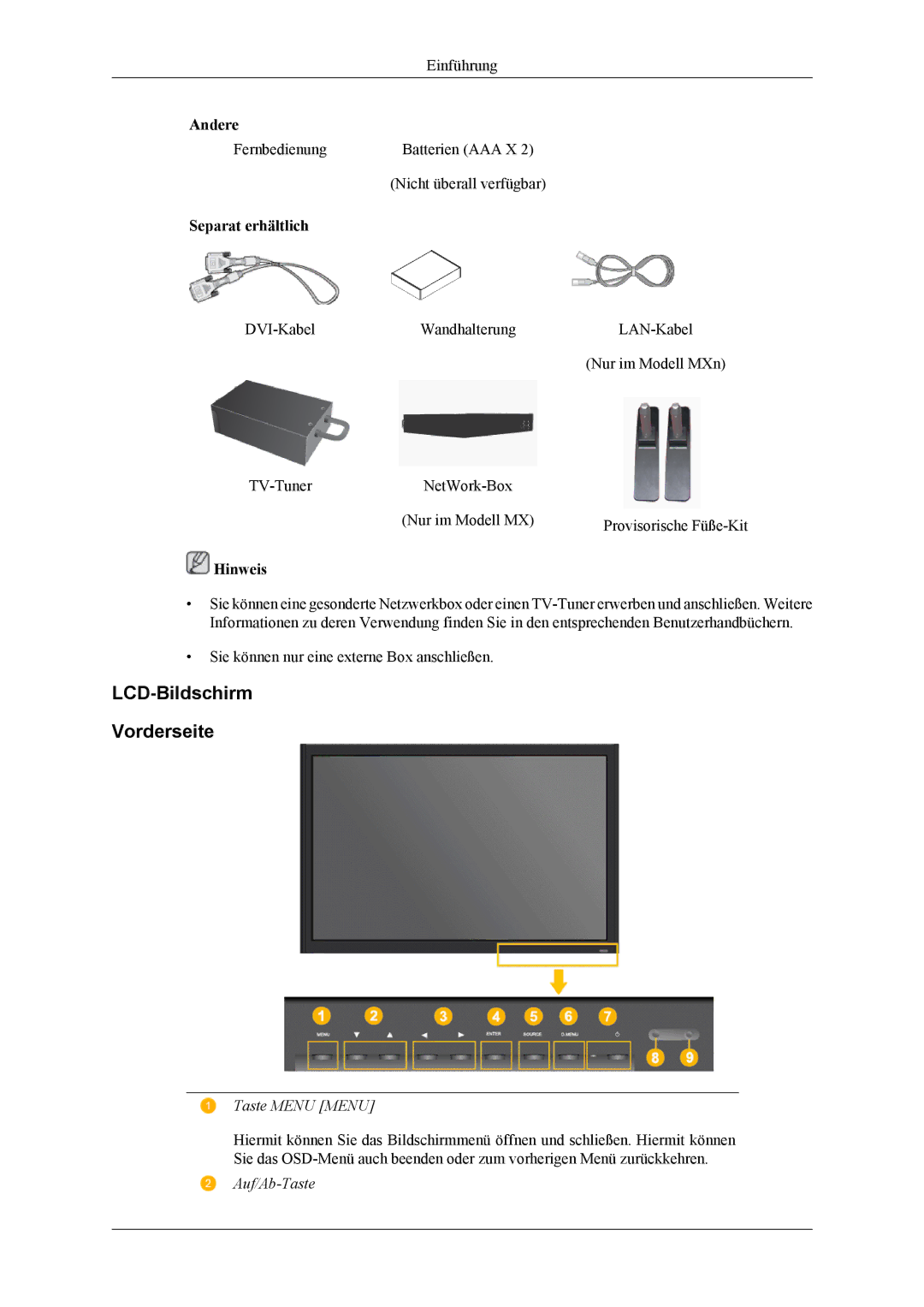 Samsung LH32MGTPBC/XJ, LH32MGTLBC/EN, LH32MGPLBC/EN manual LCD-Bildschirm Vorderseite, Taste Menu Menu, Auf/Ab-Taste 