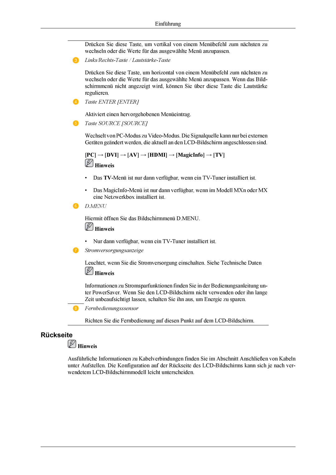 Samsung LH32MGTLBC/EN, LH32MGTPBC/XJ, LH32MGPLBC/EN manual Rückseite, Menu 