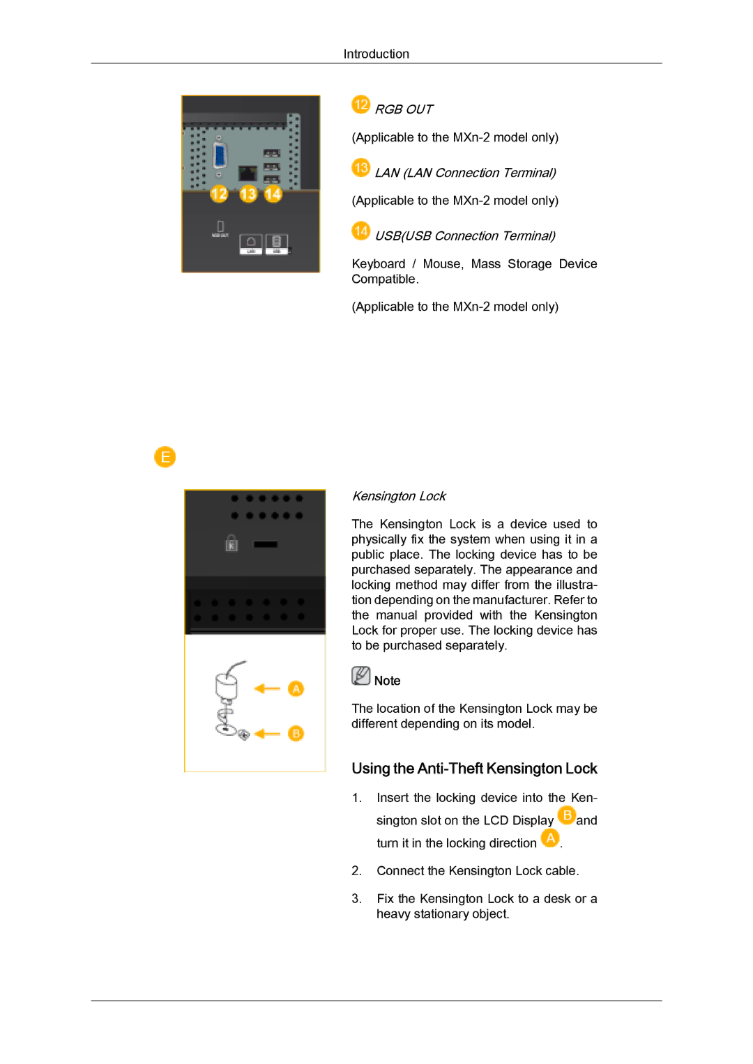 Samsung LH32MGQLBC/EN manual Using the Anti-Theft Kensington Lock, LAN LAN Connection Terminal, Usbusb Connection Terminal 