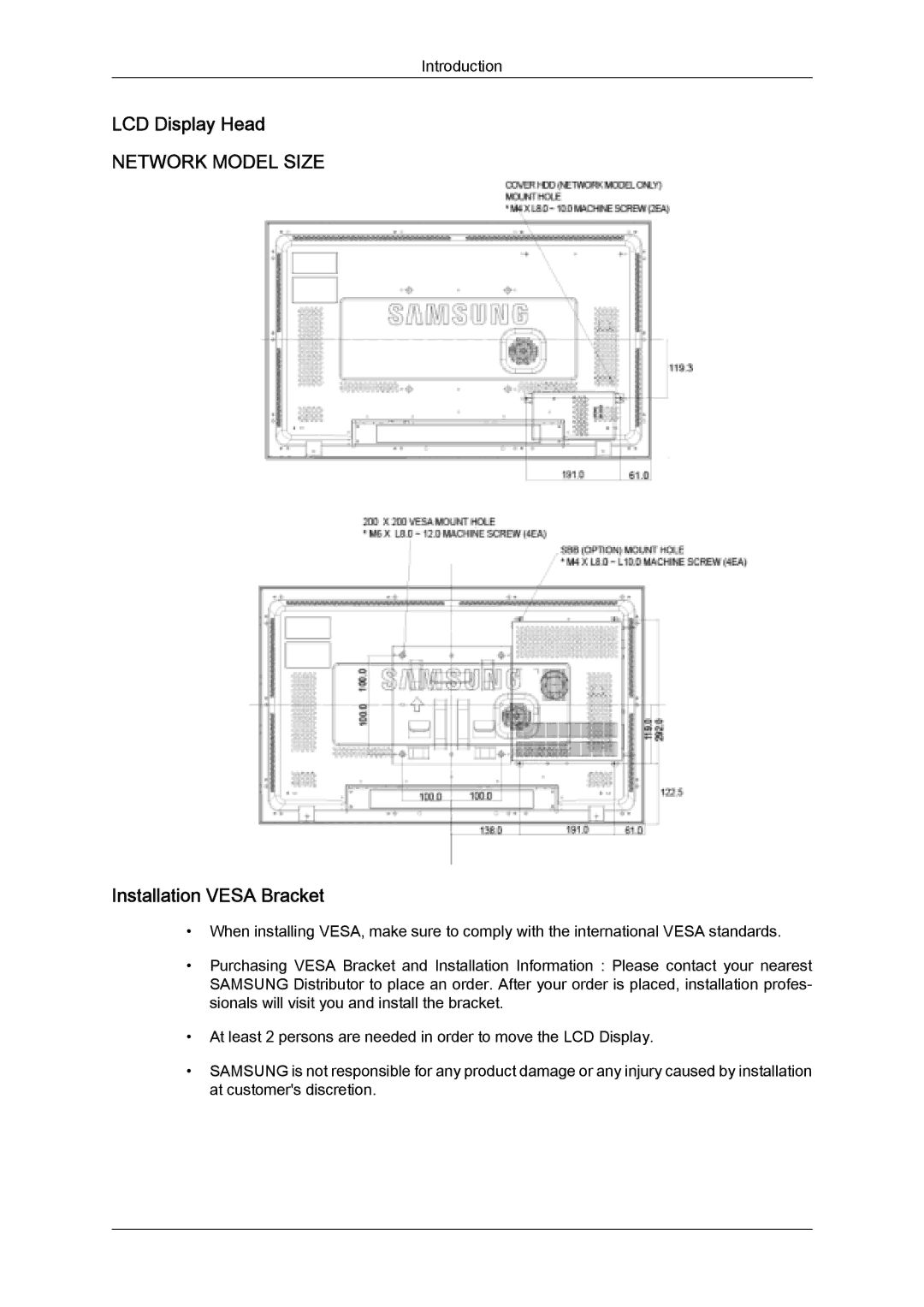 Samsung LH32MGQLBC/XY, LH32MGULBC/EN, LH32MGQLBC/EN, LH32MGQPBC/EN, LH32MGUSBC/EN LCD Display Head, Installation Vesa Bracket 