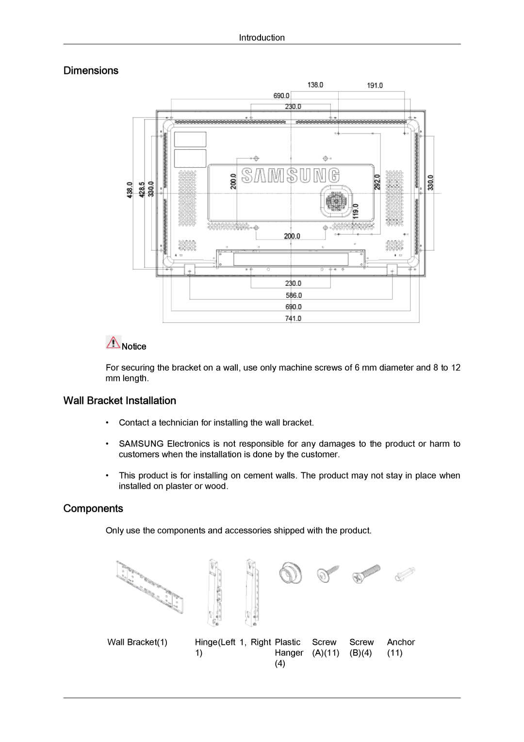 Samsung LH32MGULBC/EN, LH32MGQLBC/EN, LH32MGQPBC/EN, LH32MGUSBC/EN manual Dimensions, Wall Bracket Installation, Components 