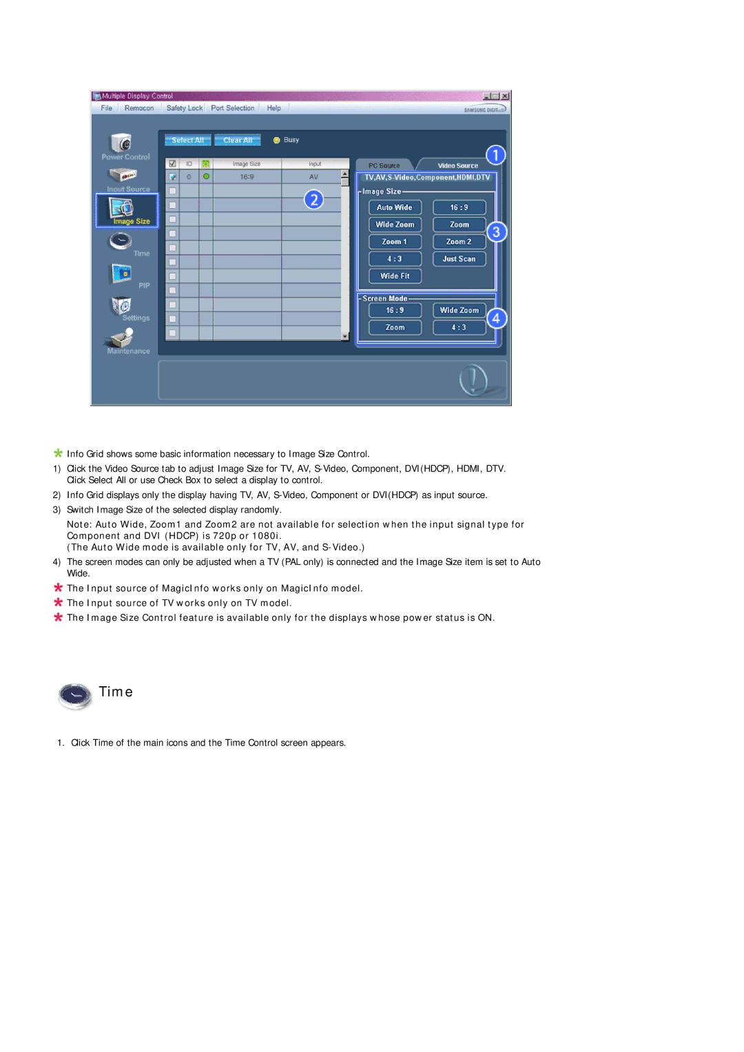 Samsung LH32MGULBC/XY, LH32MGULBC/EN, LH32MGQLBC/EN manual Time, Auto Wide mode is available only for TV, AV, and S-Video 