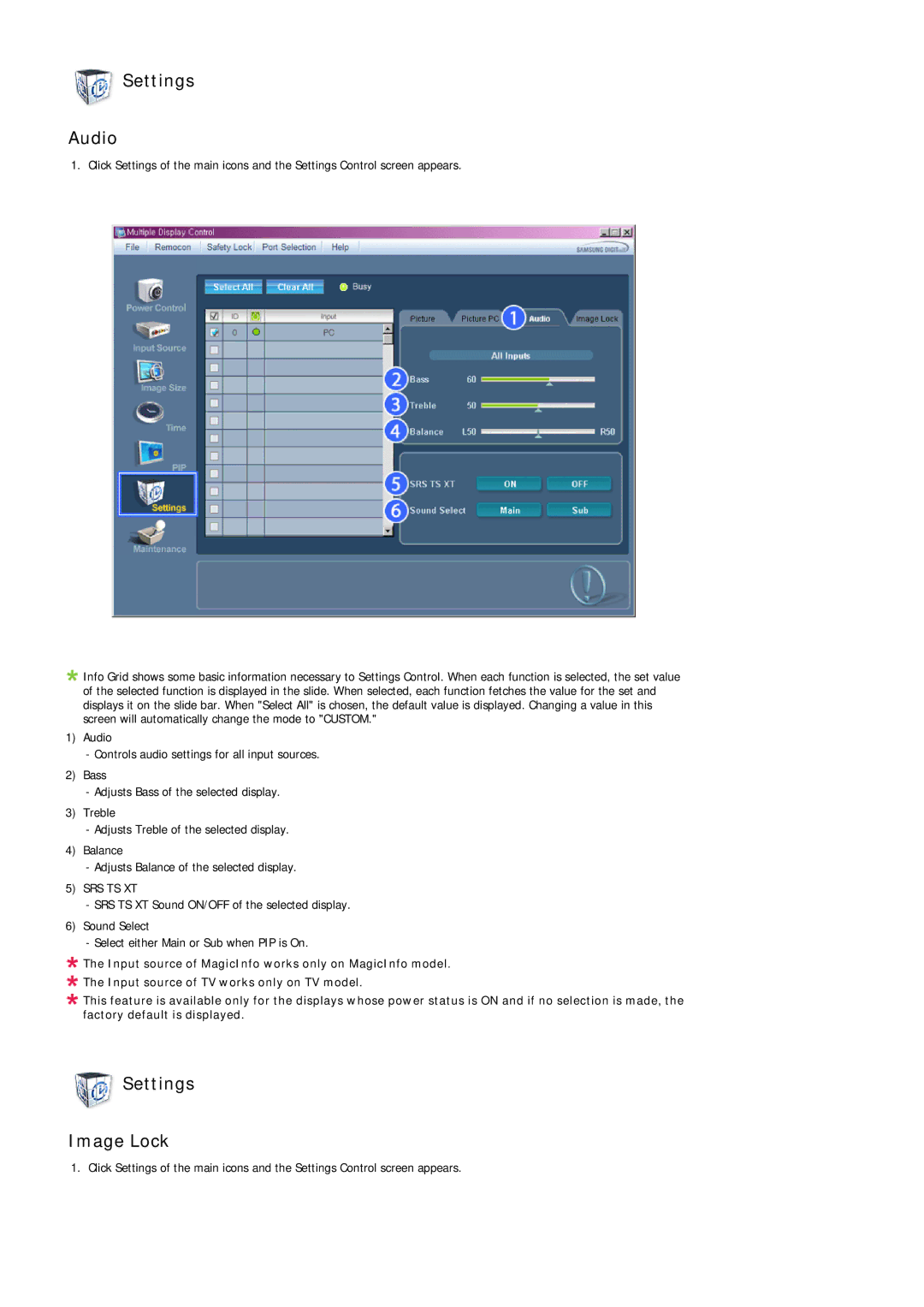 Samsung LH32MGQMBC/EN, LH32MGULBC/EN, LH32MGQLBC/EN, LH32MGQPBC/EN, LH32MGUSBC/EN manual Settings Audio, Settings Image Lock 