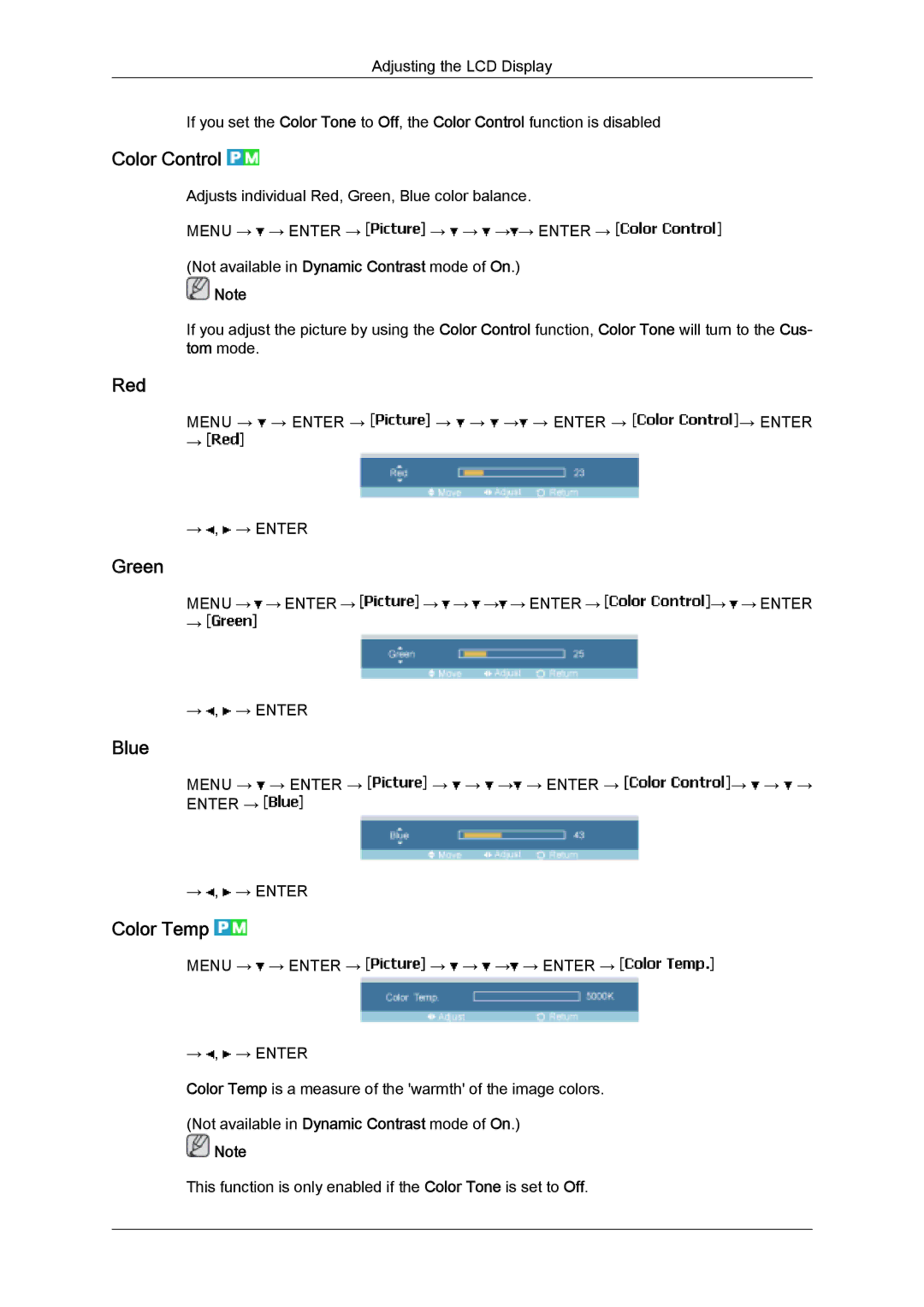 Samsung LH32MGULBC/EN, LH32MGQLBC/EN, LH32MGQPBC/EN, LH32MGUSBC/EN, LH32MGQMBC/EN Color Control, Red, Green, Blue, Color Temp 