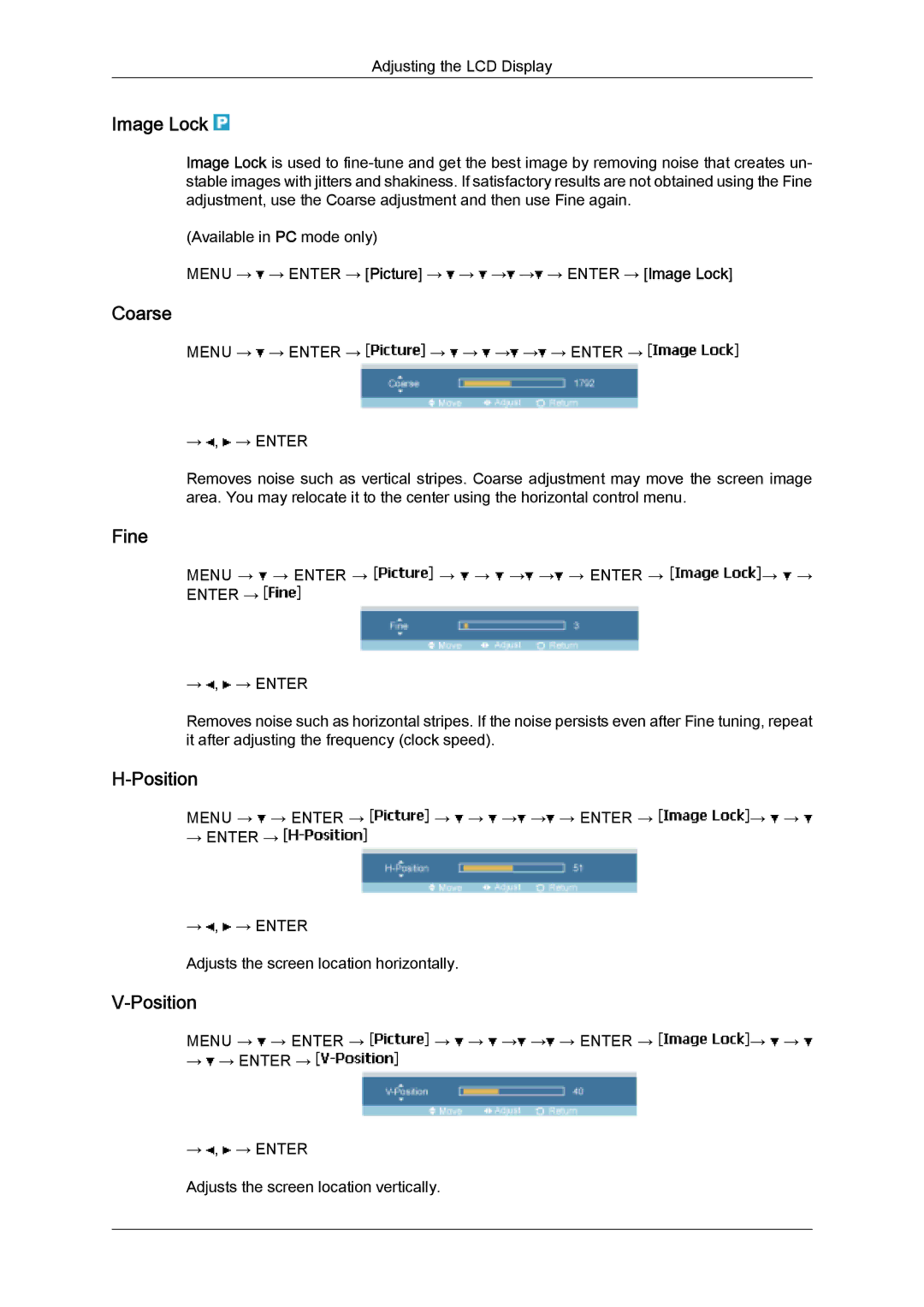 Samsung LH32MGQLBC/EN, LH32MGULBC/EN, LH32MGQPBC/EN, LH32MGUSBC/EN, LH32MGQMBC/EN manual Image Lock, Coarse, Fine, Position 