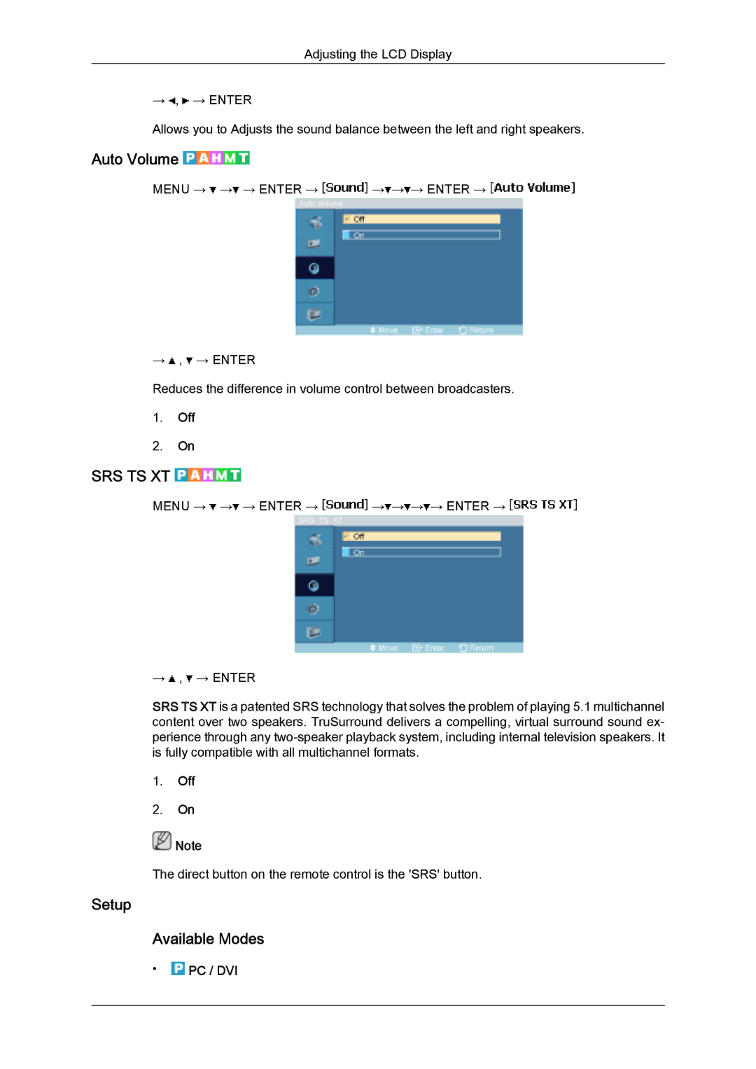 Samsung LH32MGQMBC/EN, LH32MGULBC/EN, LH32MGQLBC/EN, LH32MGQPBC/EN, LH32MGUSBC/EN manual Auto Volume, Setup Available Modes 