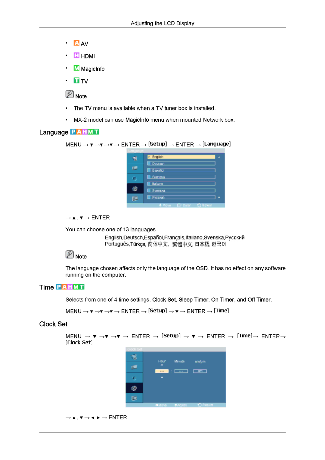 Samsung LH32MGULBC/XY, LH32MGULBC/EN, LH32MGQLBC/EN, LH32MGQPBC/EN, LH32MGUSBC/EN, LH32MGQMBC/EN Language, Time, Clock Set 