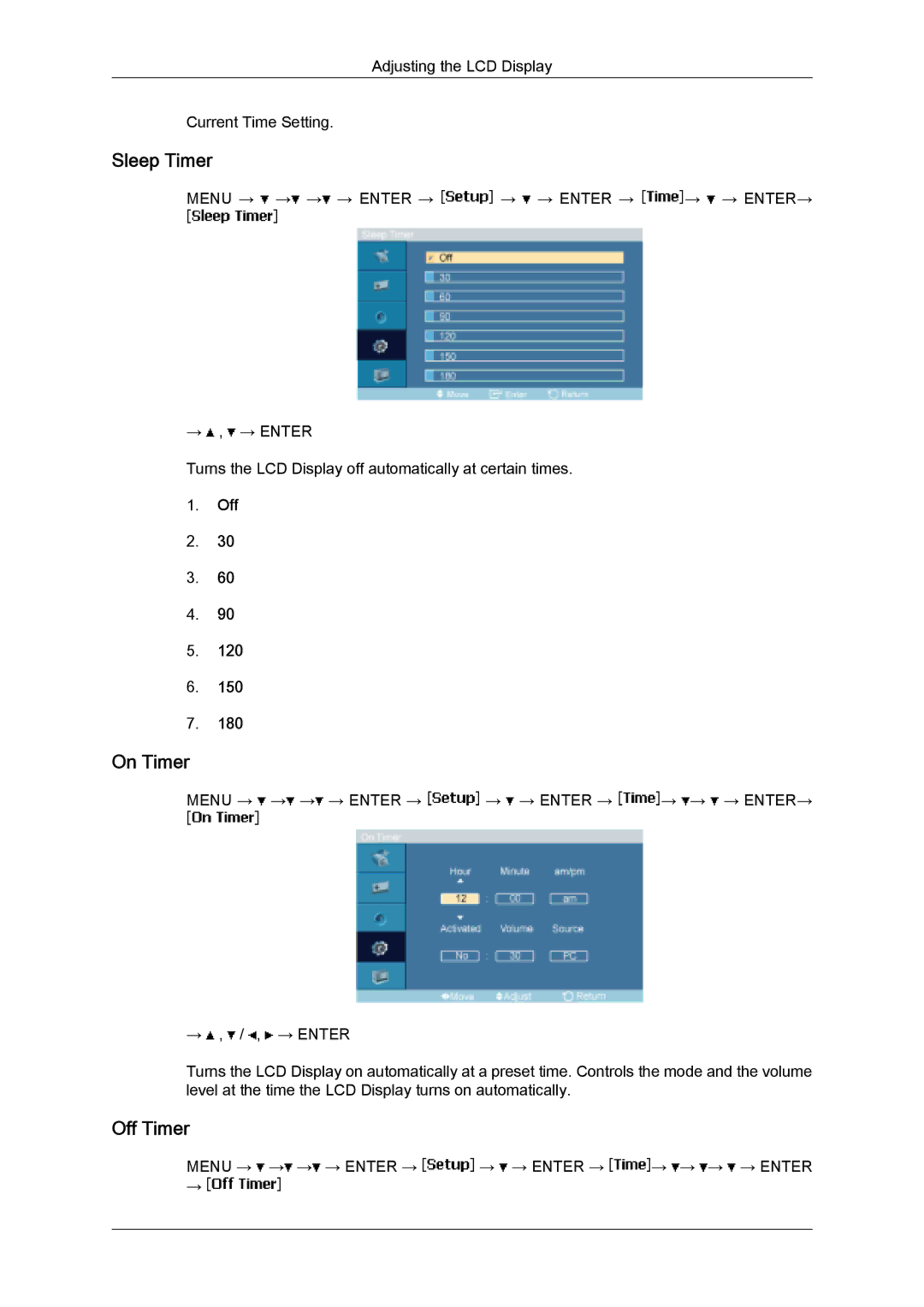 Samsung LH32MGQLBC/XY, LH32MGULBC/EN, LH32MGQLBC/EN, LH32MGQPBC/EN, LH32MGUSBC/EN manual Sleep Timer, On Timer, Off Timer 