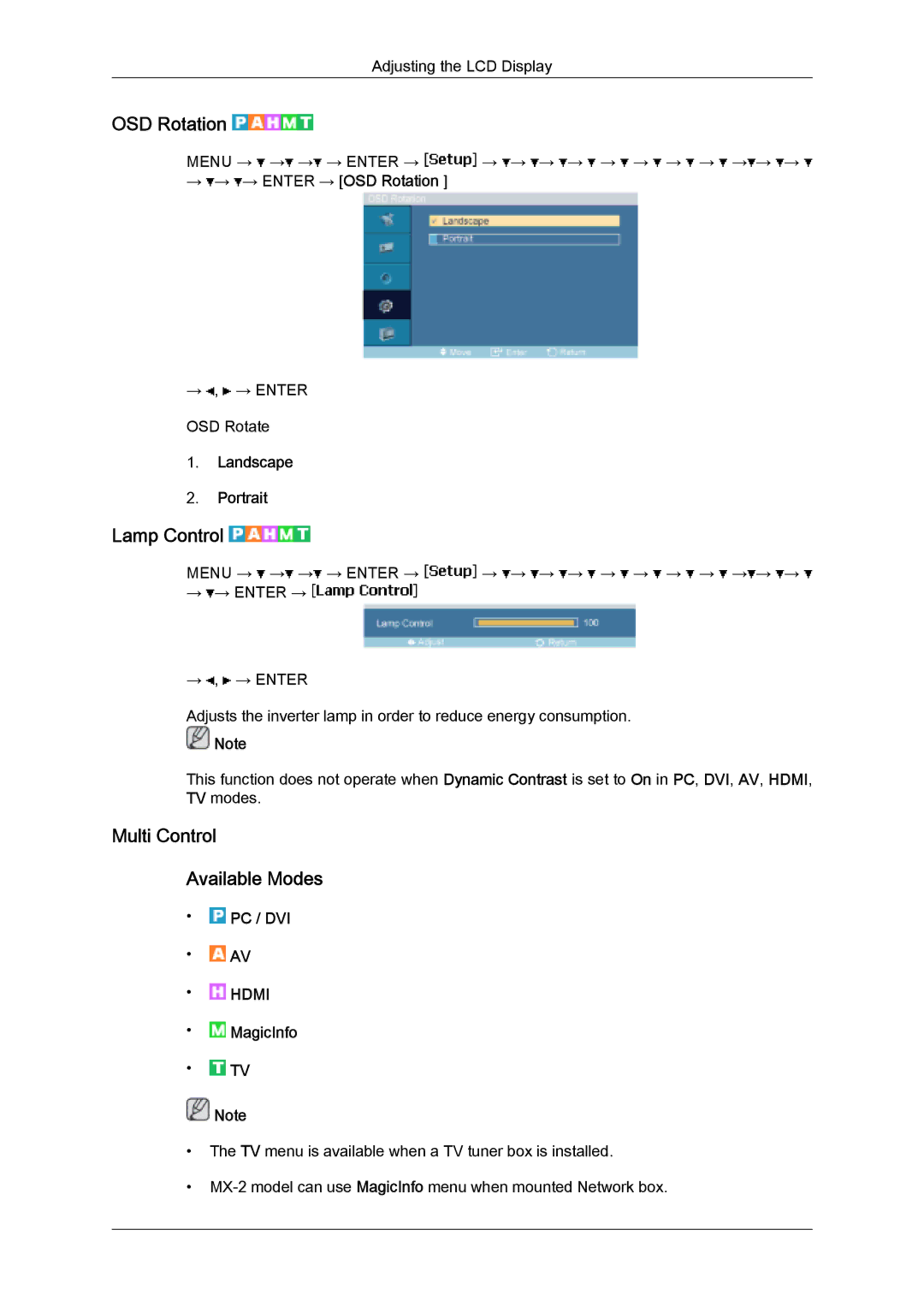 Samsung LH32MGUSBC/EN, LH32MGULBC/EN manual OSD Rotation, Lamp Control, Multi Control Available Modes, Landscape Portrait 