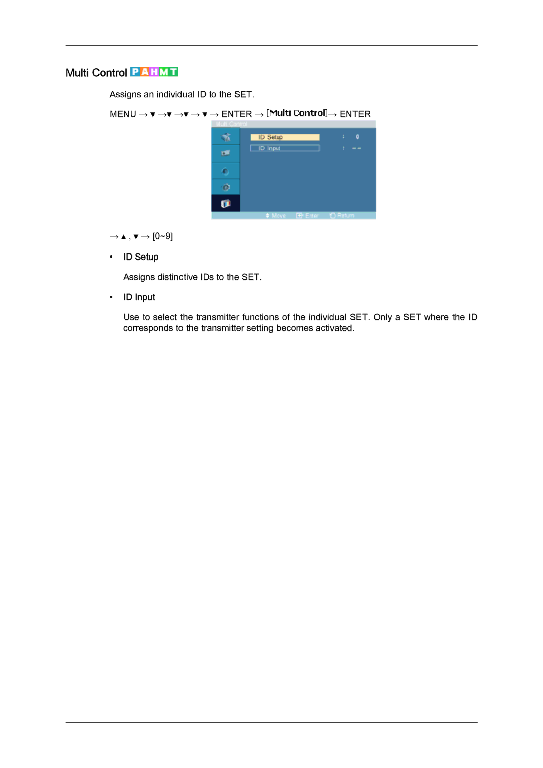 Samsung LH32MGQMBC/EN, LH32MGULBC/EN, LH32MGQLBC/EN, LH32MGQPBC/EN, LH32MGUSBC/EN manual Multi Control, ID Setup, ID Input 