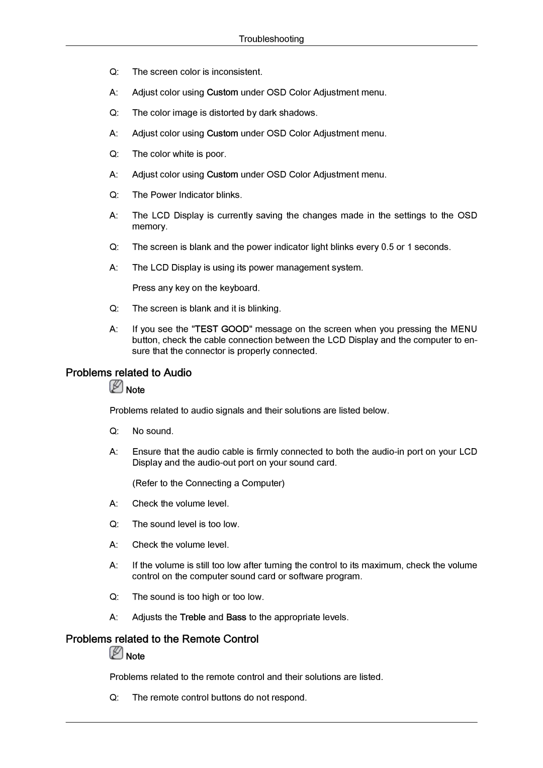 Samsung LH32MGUSBC/EN, LH32MGULBC/EN, LH32MGQLBC/EN manual Problems related to Audio, Problems related to the Remote Control 