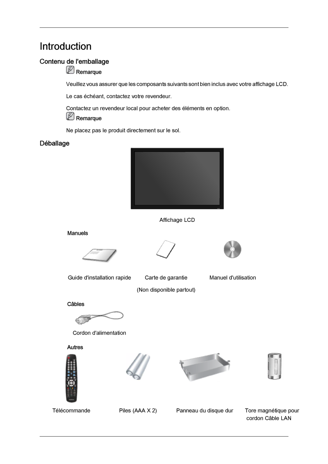 Samsung LH32MGQLBC/EN, LH32MGULBC/EN, LH32MGQPBC/EN manual Contenu de lemballage, Déballage, Manuels, Câbles, Autres 