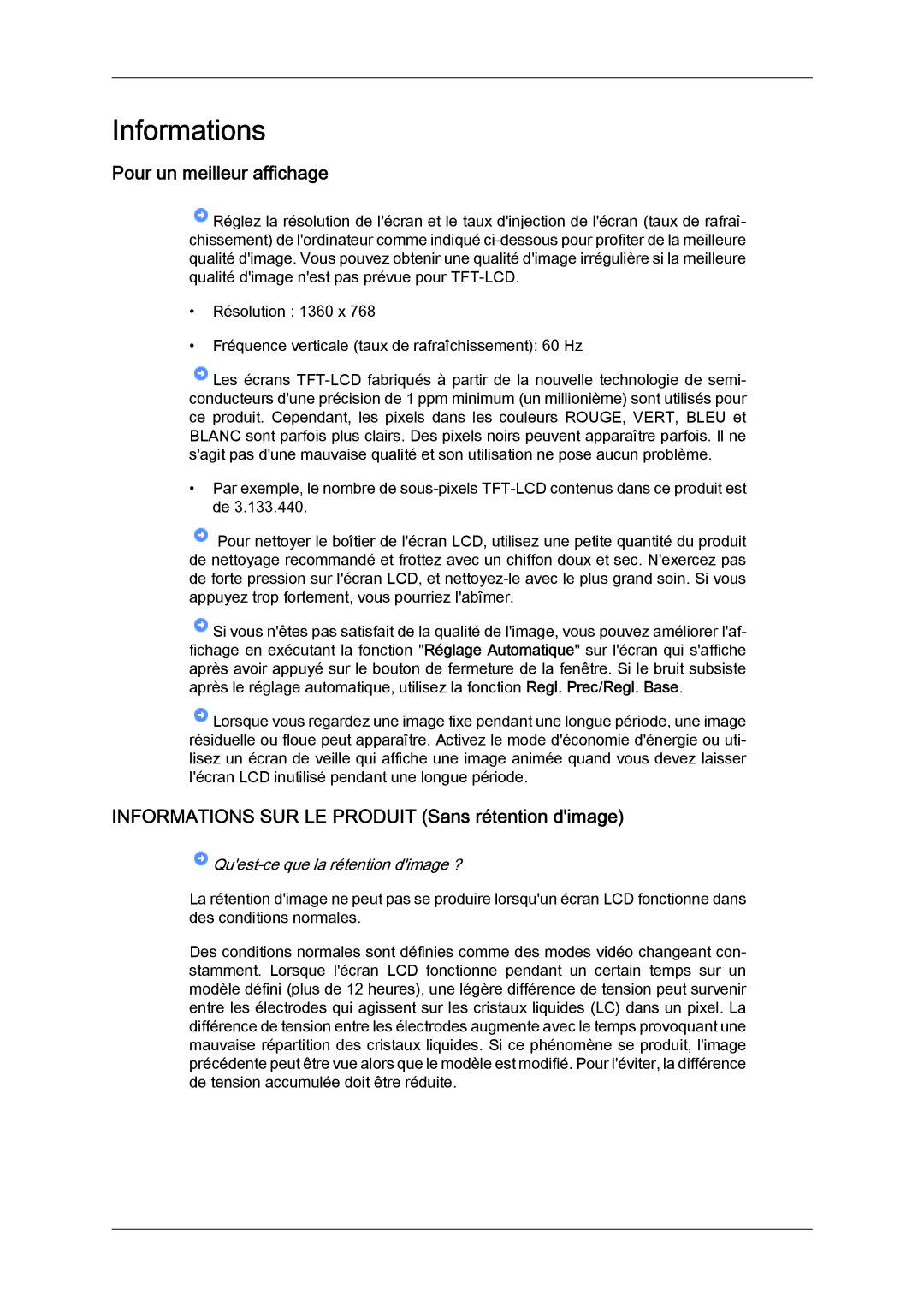 Samsung LH32MGQPBC/EN, LH32MGULBC/EN manual Pour un meilleur affichage, Informations SUR LE Produit Sans rétention dimage 