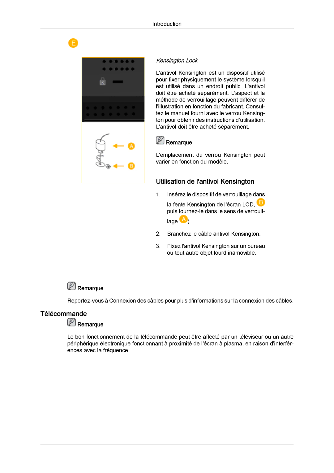 Samsung LH32MGULBC/EN, LH32MGQLBC/EN, LH32MGQPBC/EN manual Utilisation de lantivol Kensington, Télécommande 