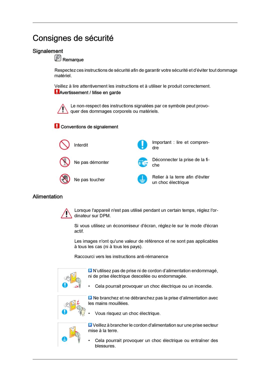 Samsung LH32MGQPBC/EN manual Signalement, Alimentation, Remarque, Avertissement / Mise en garde, Conventions de signalement 