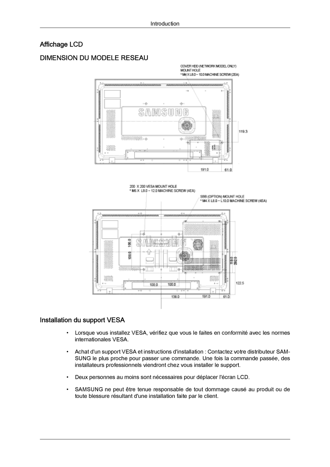 Samsung LH32MGQPBC/EN, LH32MGULBC/EN, LH32MGQLBC/EN manual Affichage LCD, Installation du support Vesa 