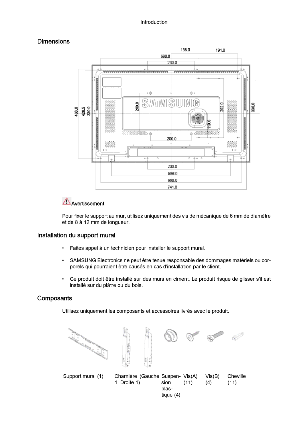 Samsung LH32MGULBC/EN, LH32MGQLBC/EN, LH32MGQPBC/EN Dimensions, Installation du support mural, Composants, Avertissement 