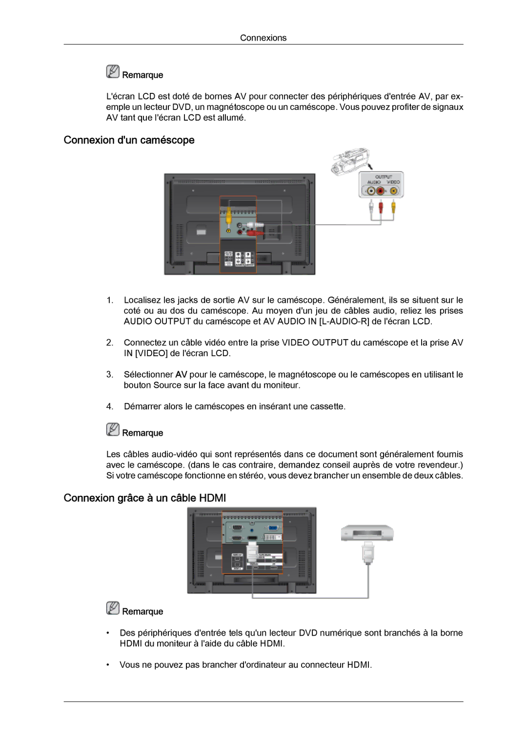 Samsung LH32MGQLBC/EN, LH32MGULBC/EN, LH32MGQPBC/EN manual Connexion dun caméscope, Connexion grâce à un câble Hdmi 