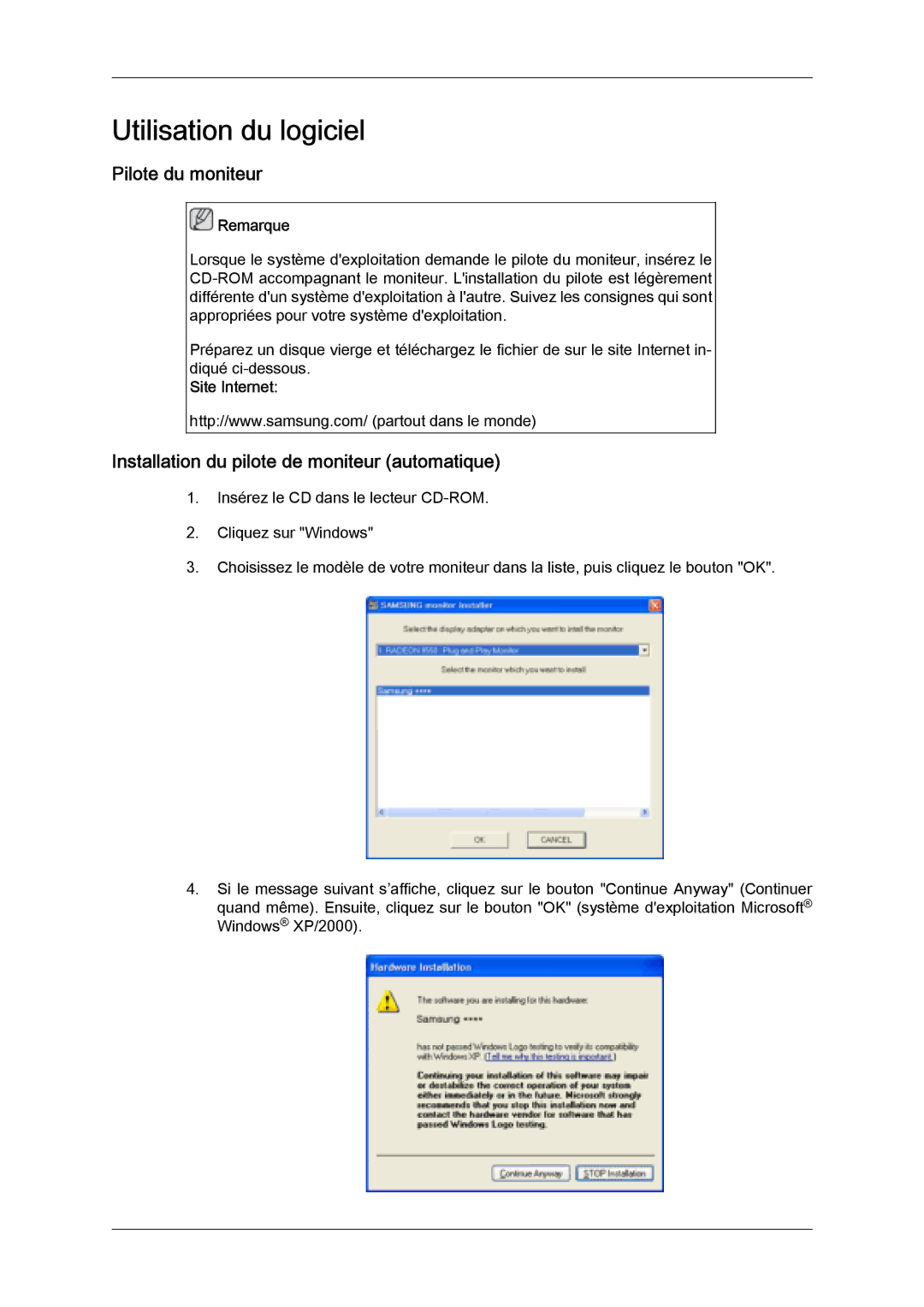 Samsung LH32MGQLBC/EN, LH32MGULBC/EN Pilote du moniteur, Installation du pilote de moniteur automatique, Site Internet 