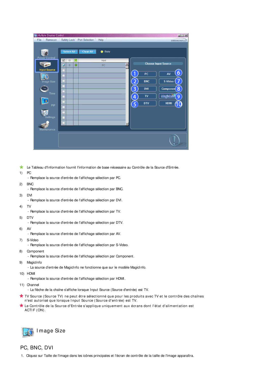 Samsung LH32MGULBC/EN, LH32MGQLBC/EN, LH32MGQPBC/EN manual Image Size, Pc, Bnc, Dvi 