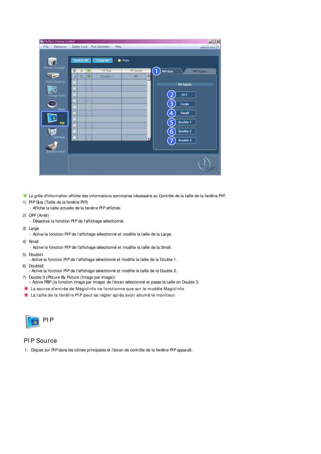 Samsung LH32MGQLBC/EN, LH32MGULBC/EN, LH32MGQPBC/EN manual PIP Source 