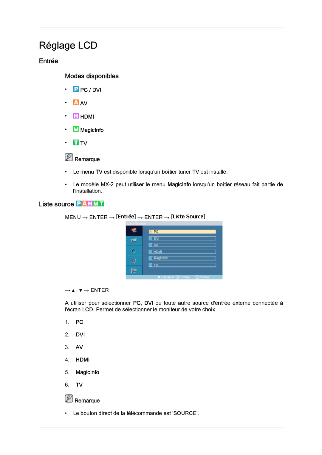 Samsung LH32MGQPBC/EN, LH32MGULBC/EN, LH32MGQLBC/EN Entrée Modes disponibles, Liste source, Pc / Dvi, MagicInfo Remarque 