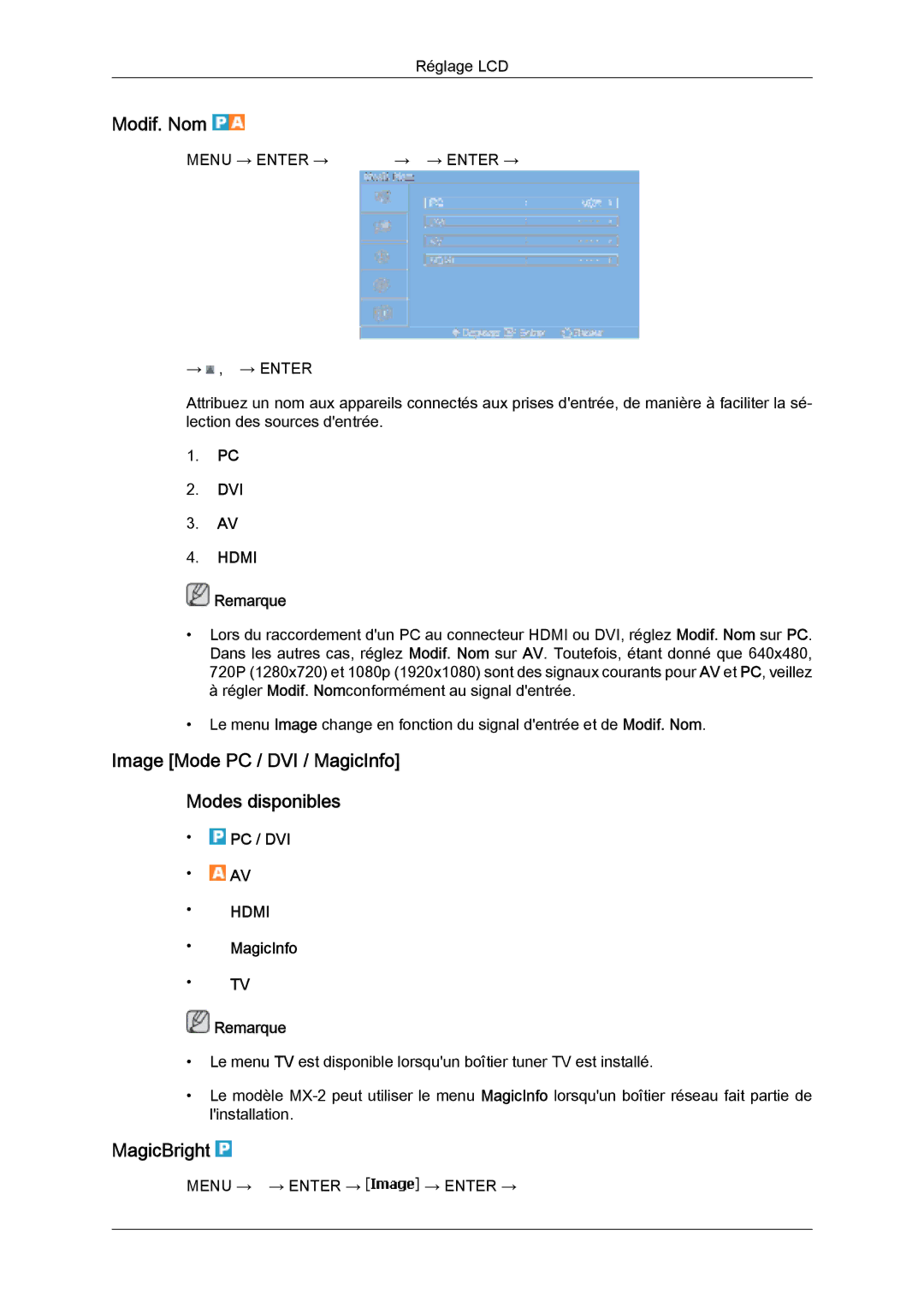 Samsung LH32MGULBC/EN, LH32MGQLBC/EN manual Modif. Nom, Image Mode PC / DVI / MagicInfo Modes disponibles, MagicBright 