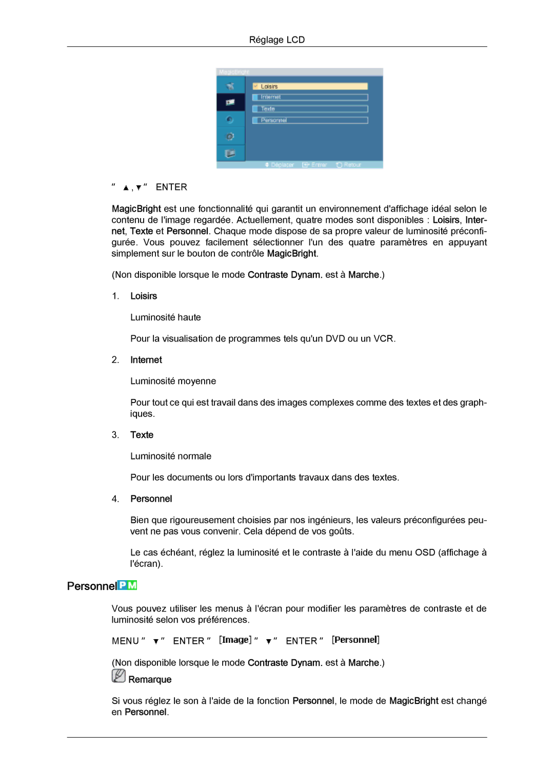 Samsung LH32MGQLBC/EN, LH32MGULBC/EN, LH32MGQPBC/EN manual Personnel, Loisirs Luminosité haute, Internet, Texte 