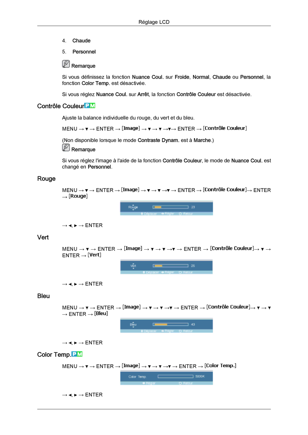 Samsung LH32MGULBC/EN, LH32MGQLBC/EN, LH32MGQPBC/EN manual Contrôle Couleur, Rouge, Vert, Bleu, Color Temp 