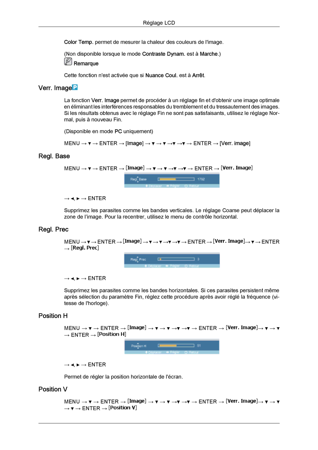 Samsung LH32MGQLBC/EN, LH32MGULBC/EN, LH32MGQPBC/EN manual Verr. Image, Regl. Base, Regl. Prec, Position H 