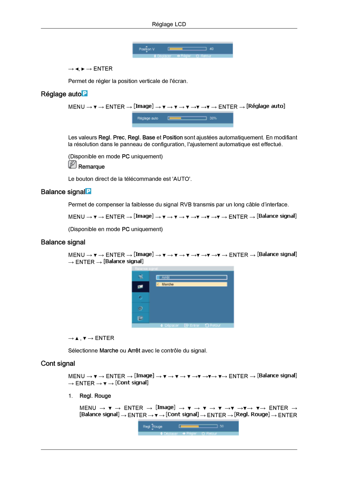 Samsung LH32MGQPBC/EN, LH32MGULBC/EN, LH32MGQLBC/EN manual Réglage auto, Balance signal, Signal, Regl. Rouge 