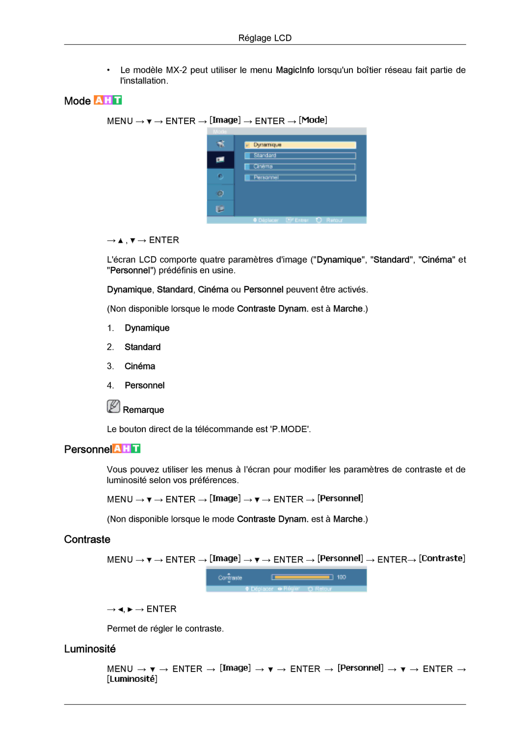 Samsung LH32MGQPBC/EN, LH32MGULBC/EN, LH32MGQLBC/EN manual Mode, Dynamique Standard Cinéma Personnel Remarque 