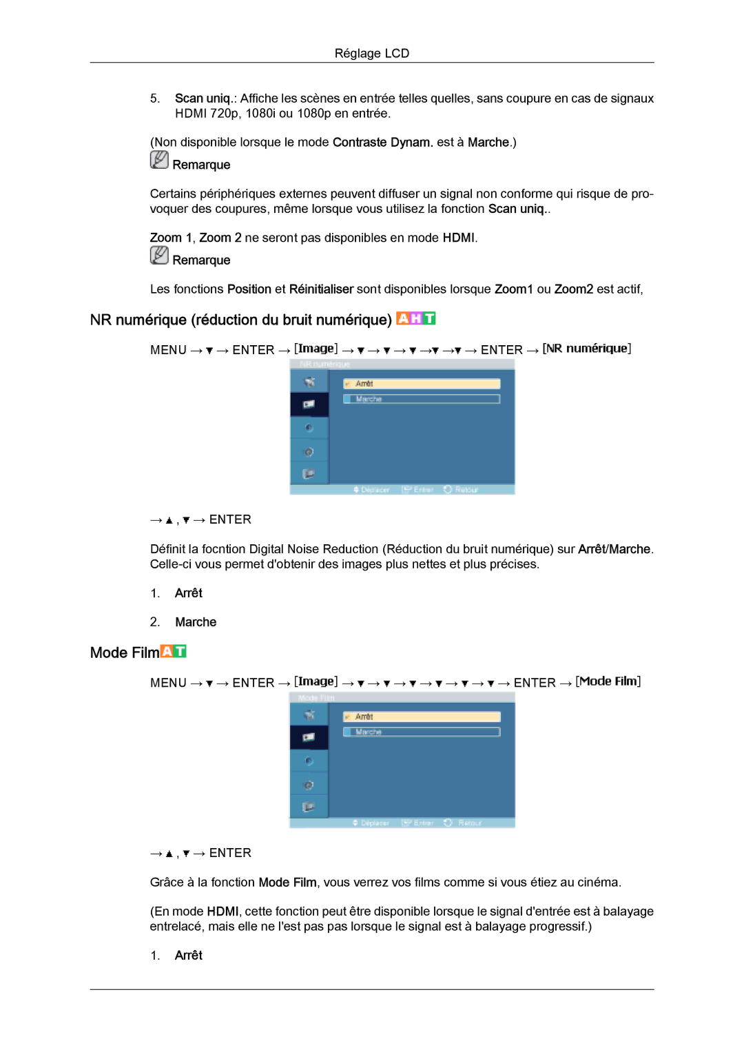 Samsung LH32MGQPBC/EN, LH32MGULBC/EN, LH32MGQLBC/EN manual NR numérique réduction du bruit numérique, Mode Film, Arrêt 