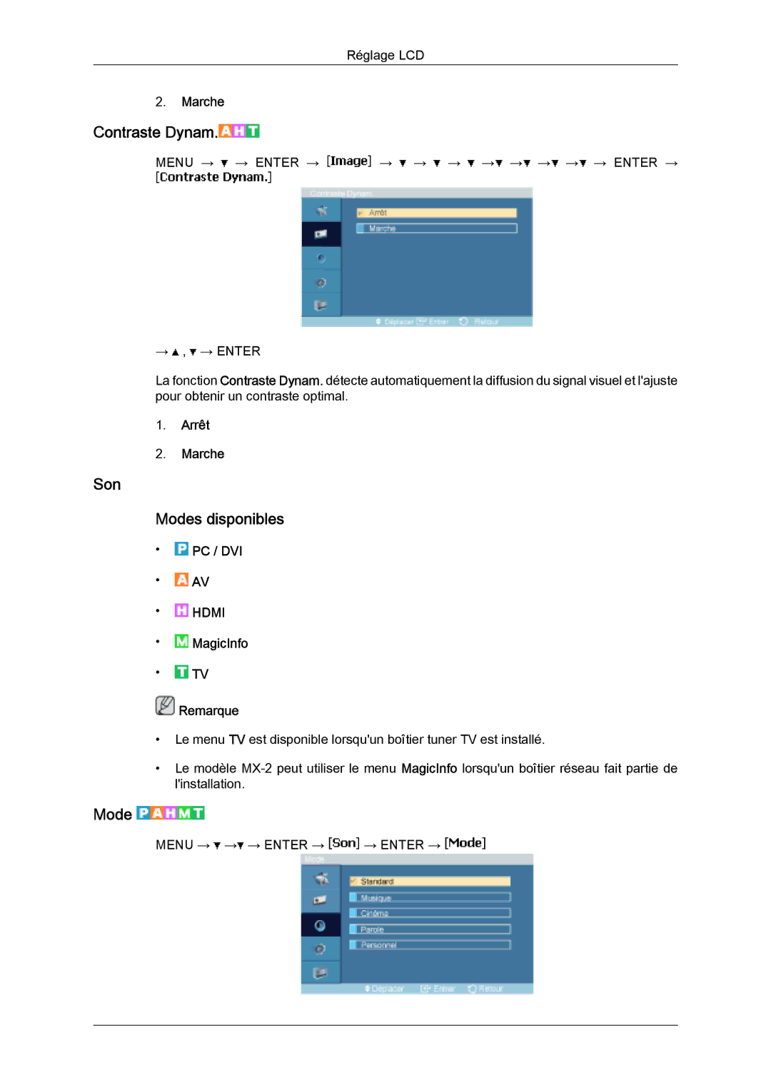 Samsung LH32MGULBC/EN, LH32MGQLBC/EN, LH32MGQPBC/EN manual Contraste Dynam, Son Modes disponibles 