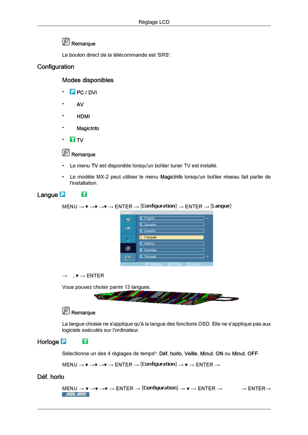 Samsung LH32MGULBC/EN, LH32MGQLBC/EN, LH32MGQPBC/EN manual Configuration Modes disponibles, Langue, Horloge, Déf. horlo 