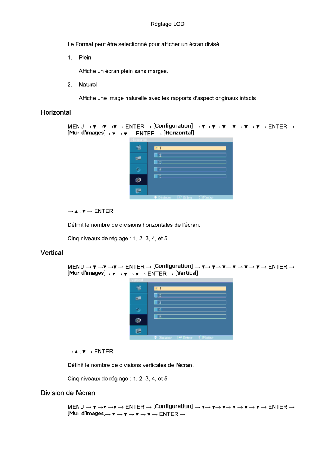 Samsung LH32MGQPBC/EN, LH32MGULBC/EN, LH32MGQLBC/EN manual Horizontal, Vertical, Division de lécran, Plein, Naturel 