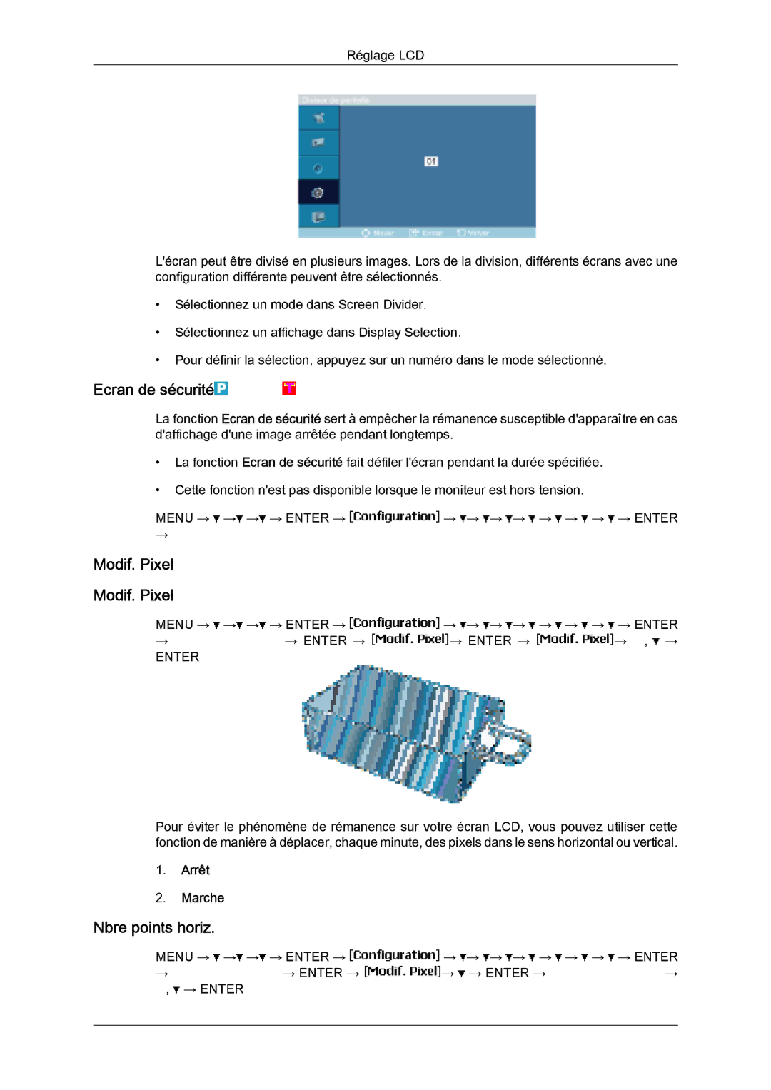 Samsung LH32MGULBC/EN, LH32MGQLBC/EN, LH32MGQPBC/EN manual Ecran de sécurité, Modif. Pixel, Nbre points horiz 