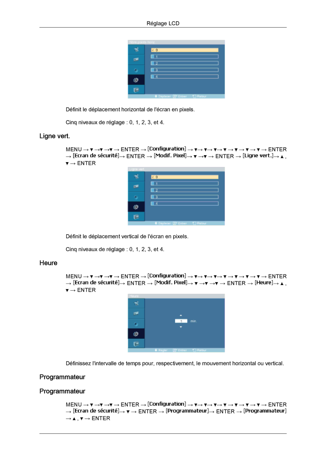 Samsung LH32MGQLBC/EN, LH32MGULBC/EN, LH32MGQPBC/EN manual Ligne vert, Heure, Programmateur 