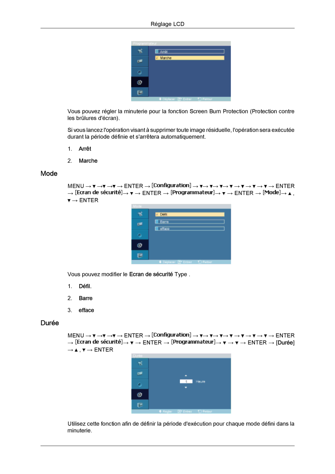 Samsung LH32MGQPBC/EN, LH32MGULBC/EN, LH32MGQLBC/EN manual Durée, Défil Barre Efface 